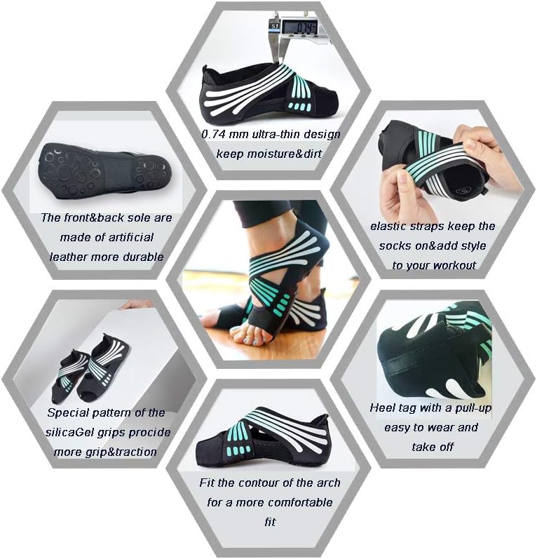ABIRAM Yoga Socks Toeless Non-Slip Grips & Straps, for Pilates, Barre, Ballet, Bikram, Workout for Women