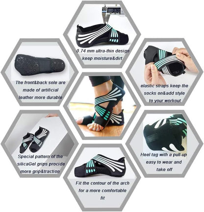 ABIRAM Yoga Socks Toeless Non-Slip Grips & Straps, for Pilates, Barre, Ballet, Bikram, Workout for Women