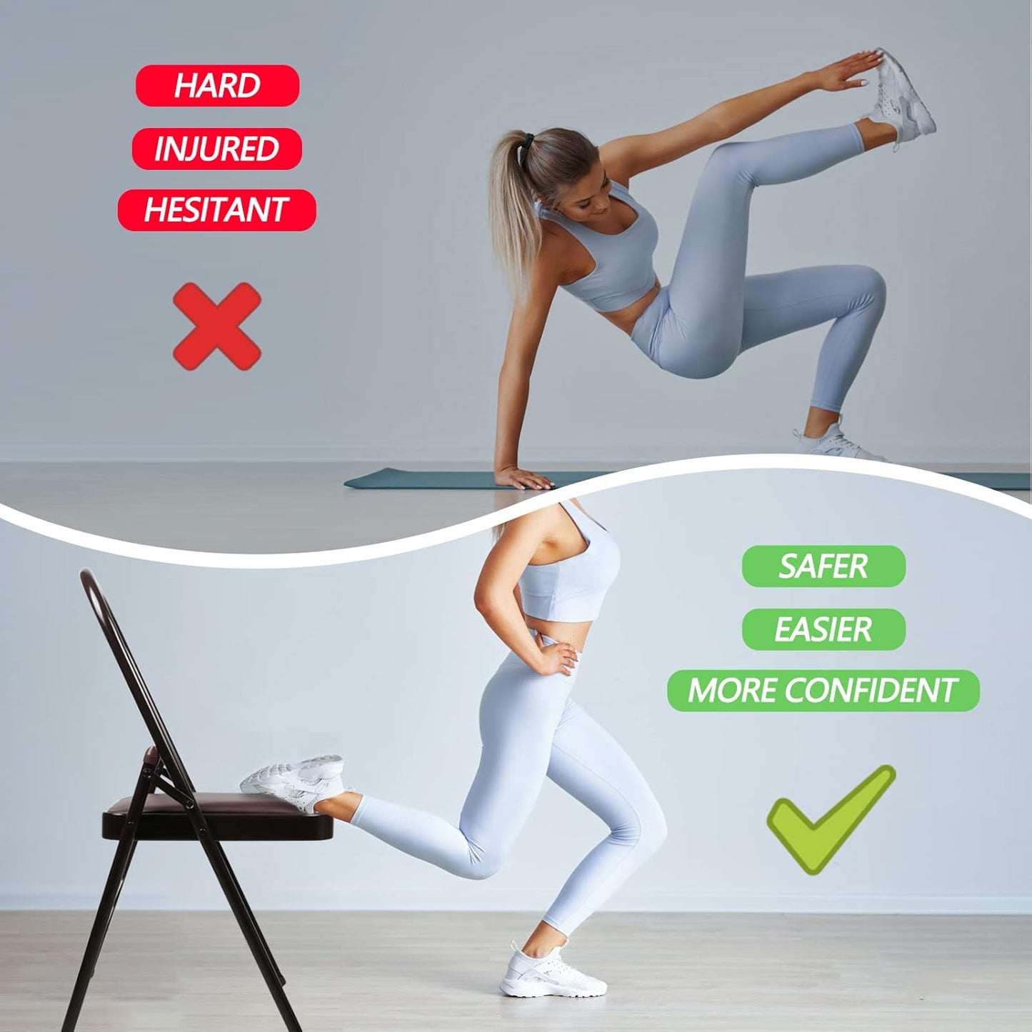 Yoga Chair Set Yoga Auxiliary Chair Flexibility Strength Training Tool, Foldable Yoga Chair for Balance Training, with Figure S Resistance Belt, Chair Leg Cap, Brown