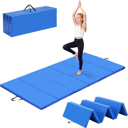 Outdoor Basic 6'x3'x2'' Gymnastics Mats Portable 4-Fold Tumbling Mat Thick Yoga Mat with PU Leather & Carry Handle for Home Workout, Yoga, MMA Core Training, Pilates
