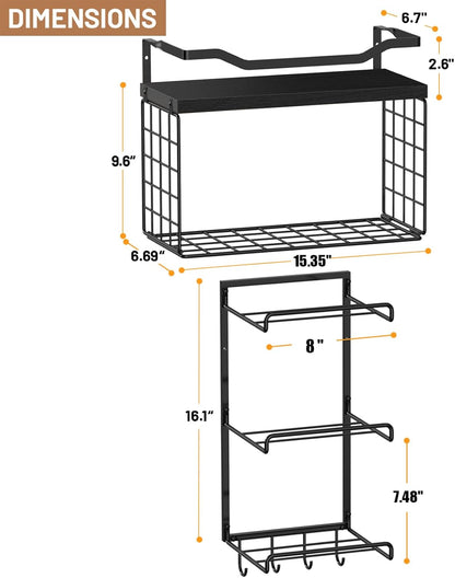 Yoga Mat Holder Black, Wall Mount Yoga Mat Storage Rack, Yoga Accessory Organizer With Wood Floating Shelves, 4 Hooks Hanging Yoga Strap & Resistance Bands, Home Gym Equipment Storage Decor