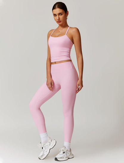 Women 2 Piece Workout Sets Padded Criss Cross Back Crop Tank High Waist Tummy Control Active Leggings Sets Yoga Outfit