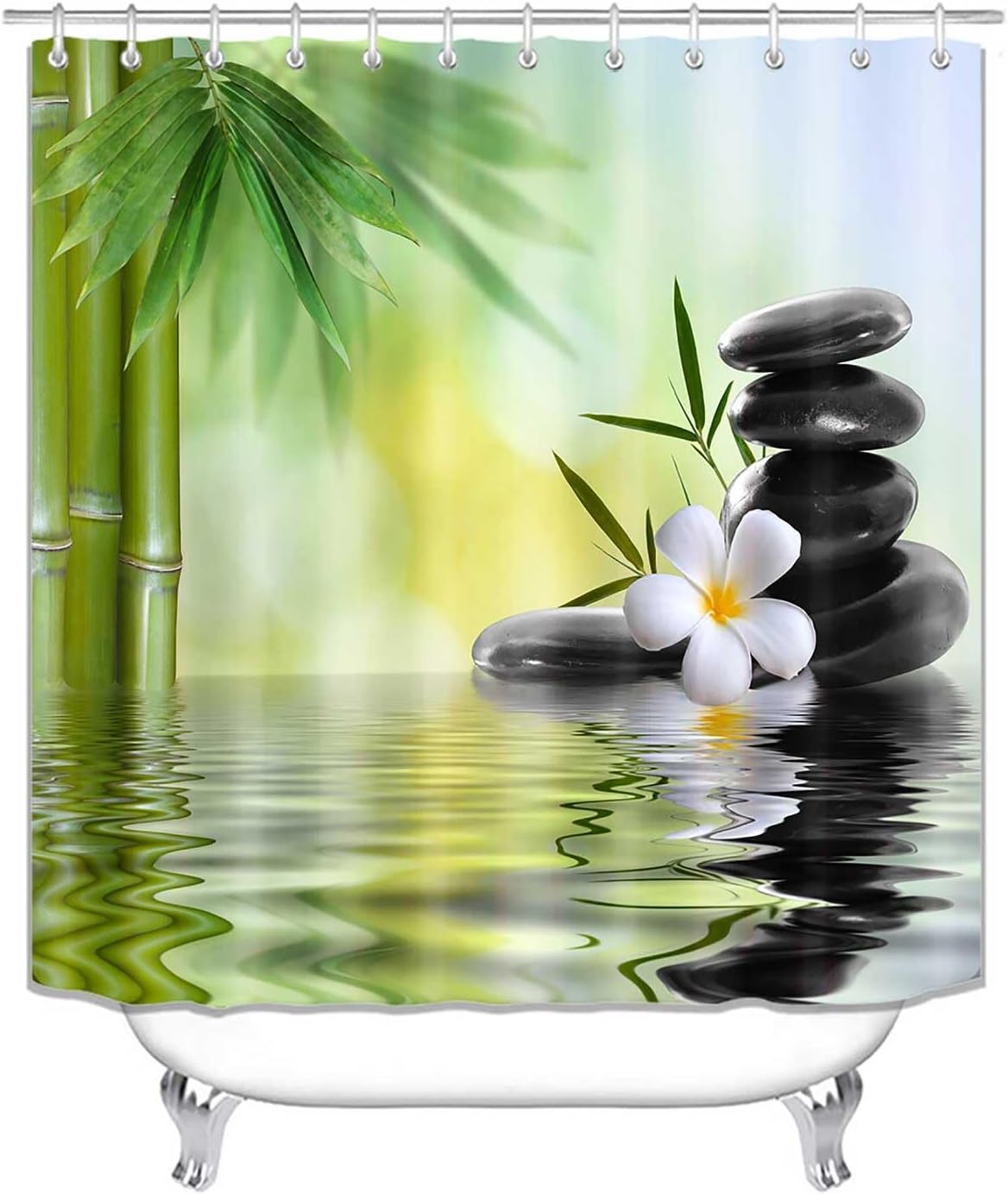 4PCS Spa Zen Shower Curtain Sets with Rugs, White Shower Curtain, Pink Floral Orchid Lotus Water Lily Stone Bamboo Water Reflection Yoga Massage Relaxing Spiritual Meditation Bathroom Decor