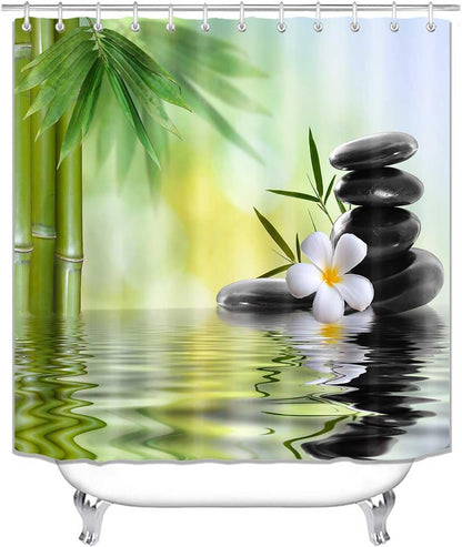 4PCS Spa Zen Shower Curtain Sets with Rugs, White Shower Curtain, Pink Floral Orchid Lotus Water Lily Stone Bamboo Water Reflection Yoga Massage Relaxing Spiritual Meditation Bathroom Decor