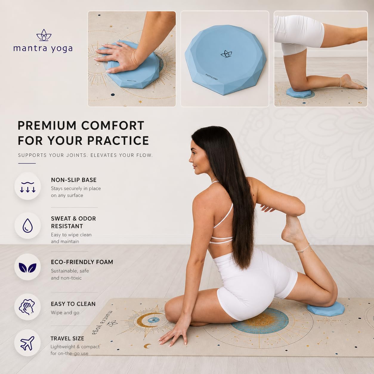 Mantra Yoga Knee Pads (Set of 2) – Extra Thick & Non-Slip Pads for Yoga, Pilates & Fitness – Ergonomic Design for Joint Protection – Lightweight, Portable & Durable Foam
