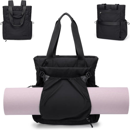 GOLF SUPAGS 3-in-1 Laptop Tote Backpack for Women 15.6" Quilted Work Gym Bag with Hidden Yoga Mat Carrier for Travel Leisure (Gravel Brown & Beige)
