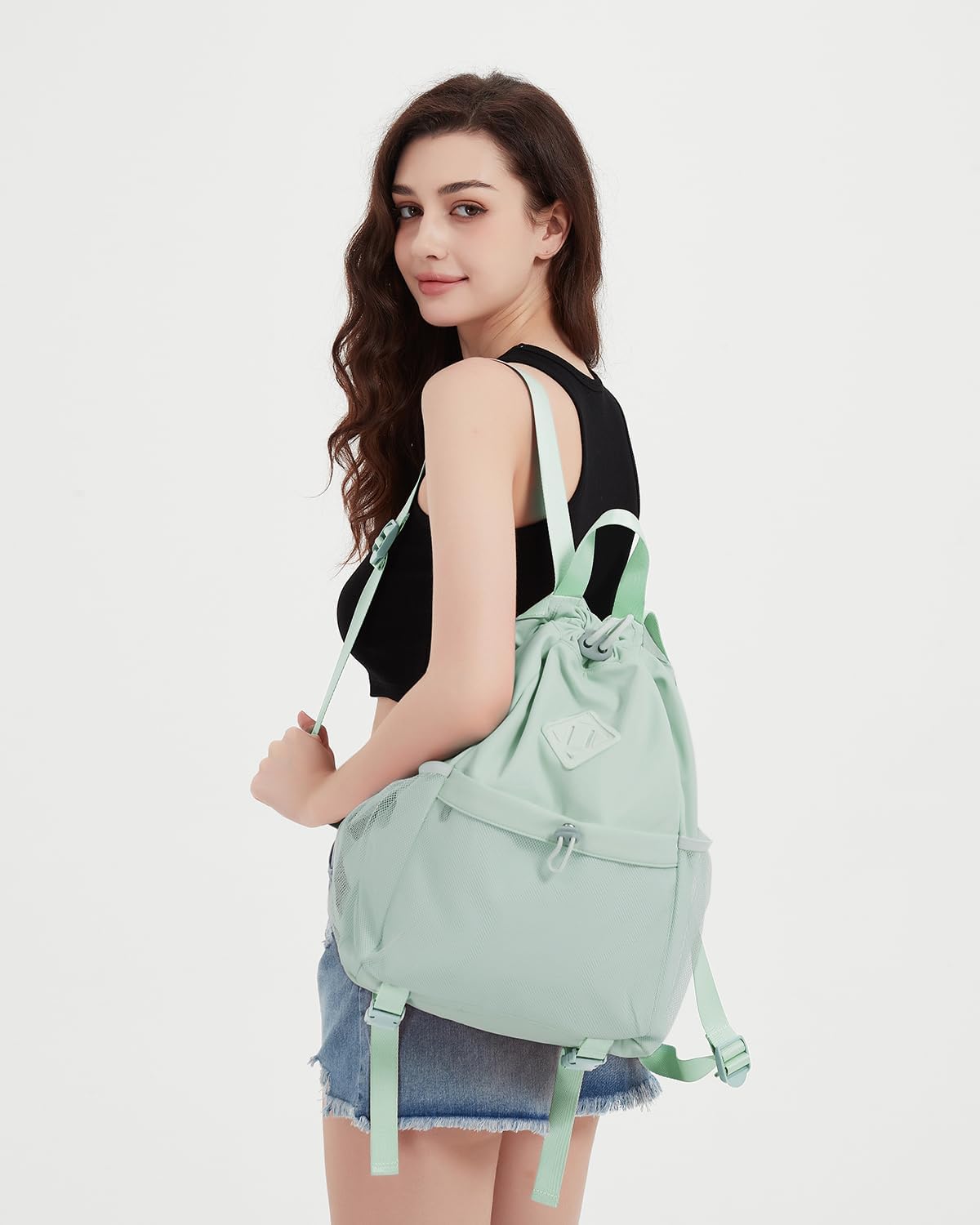 WANDF Drawstring Backpack for Women, Lightweight Gym Bag with Yoga Mat Strap, Water-Resistant String Backpack with Mesh Pocket (Grey, Patent Pending)