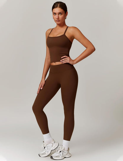 Women 2 Piece Workout Sets Padded Criss Cross Back Crop Tank High Waist Tummy Control Active Leggings Sets Yoga Outfit