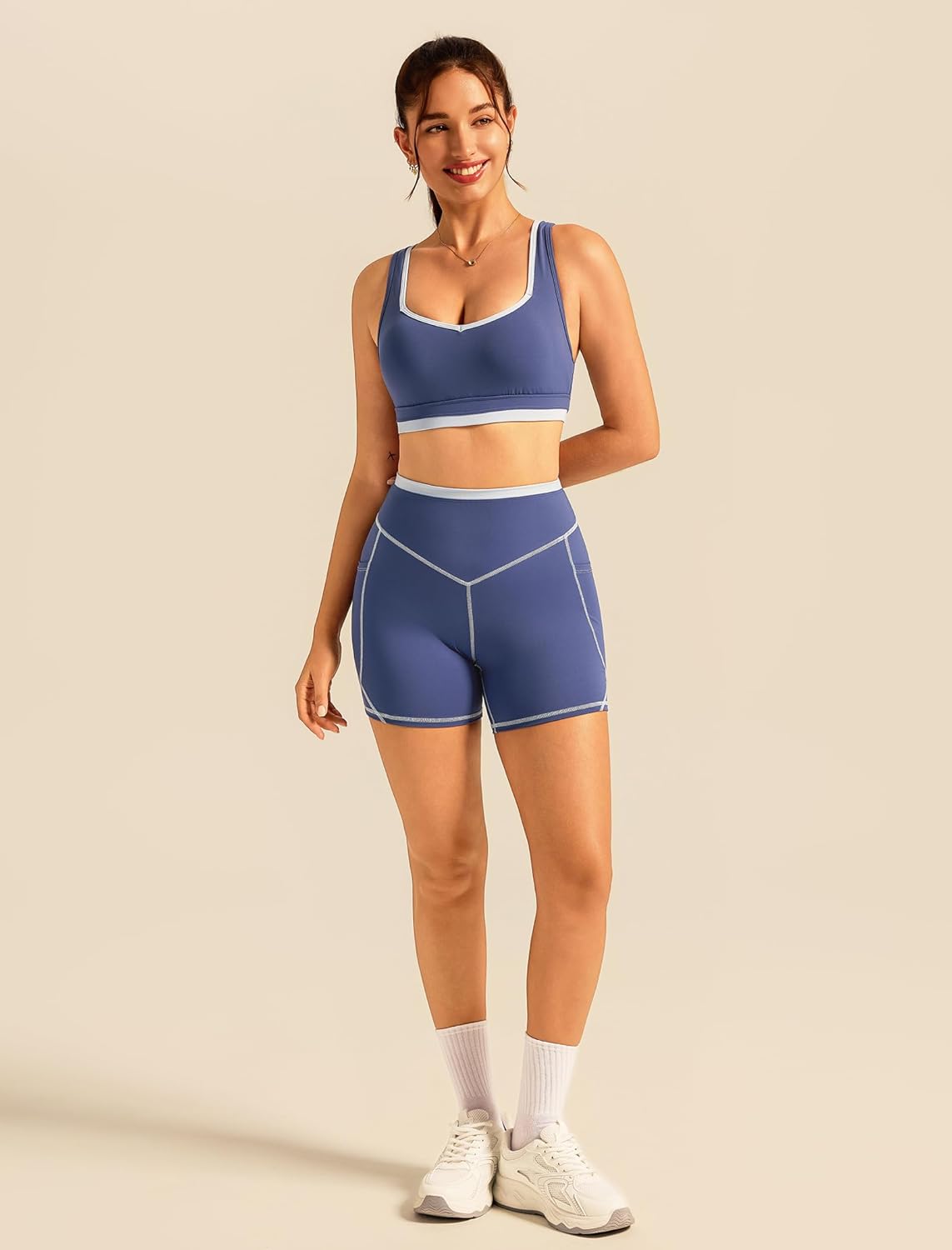 ABOCIW Womens Two Piece Workout Sets Color Block Sports Bra Matching High Waist Biker Shorts Active Gym Yoga Outfits