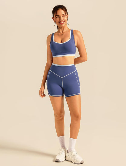 ABOCIW Womens Two Piece Workout Sets Color Block Sports Bra Matching High Waist Biker Shorts Active Gym Yoga Outfits