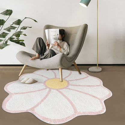 White Flower Shaped Rug, Cute Round Indoor Rug, 39.4" Diameter, High Pile Faux Wool, Non-Slip Backing