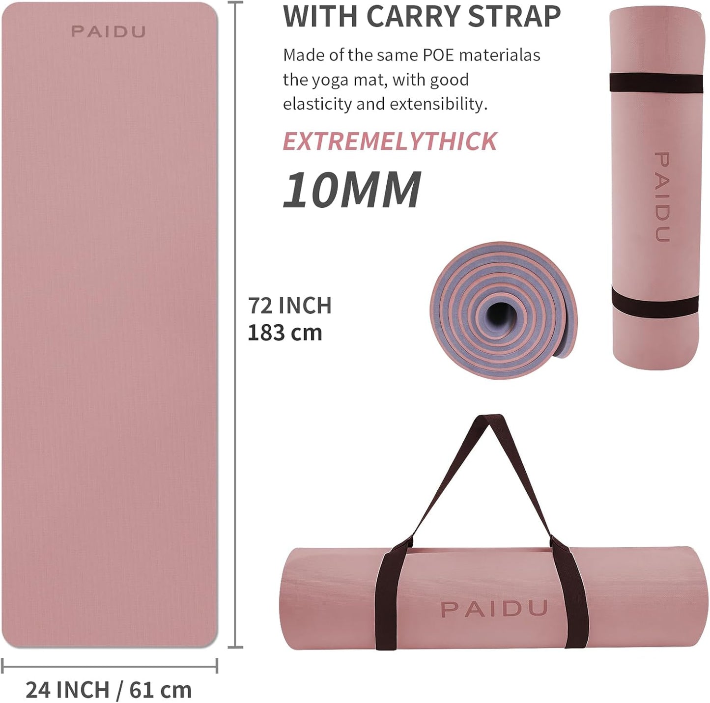 PAIDU Yoga Mat Non Slip Anti-tear,extra thick-2/5 inch（10MM）High Resiliency Professional POE Yoga Mats for Women Men Kids,72"x24"inch,Workout, Yoga, Pilates and Floor Exercise, with Carrier Strap
