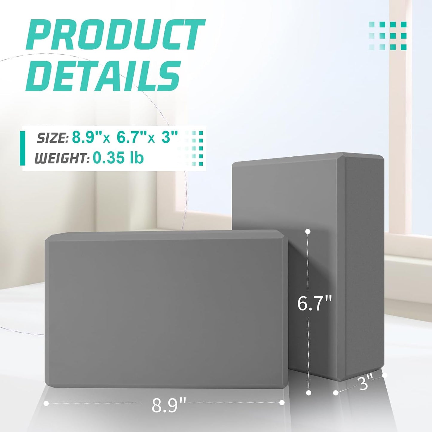 Yoga Blocks 2 Pack 3x6x9IN Foam Block Supportive Latex-Free with Beveled Edges, Non-Slip Exercise Blocks for Pilates, Meditation, Balance, Stretching and Deep Poses