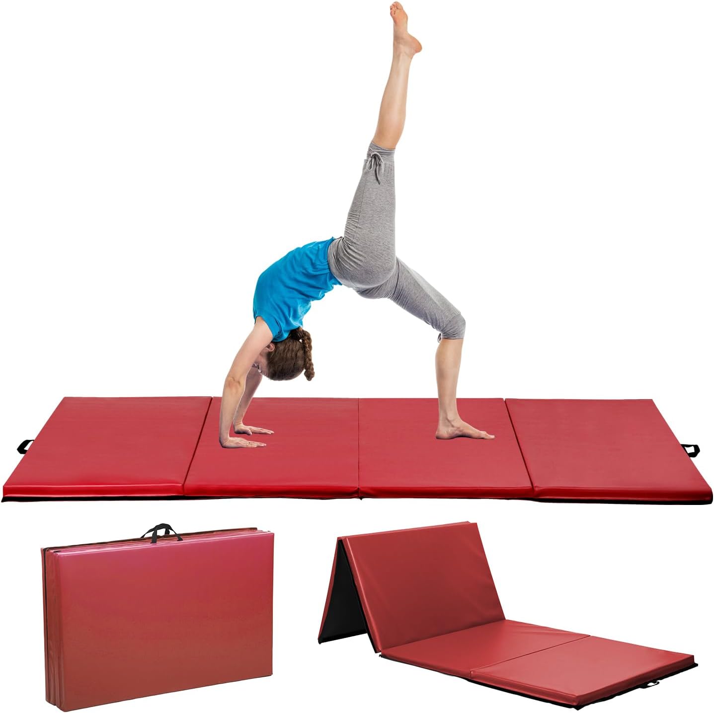 Gymnastics Mat for Tumbling, Folding Tumbling Mat Exercise Mat Gym Mat Tumbling Mats for Kids, Adults, PU Leather Yoga Mat with Carrying Handles