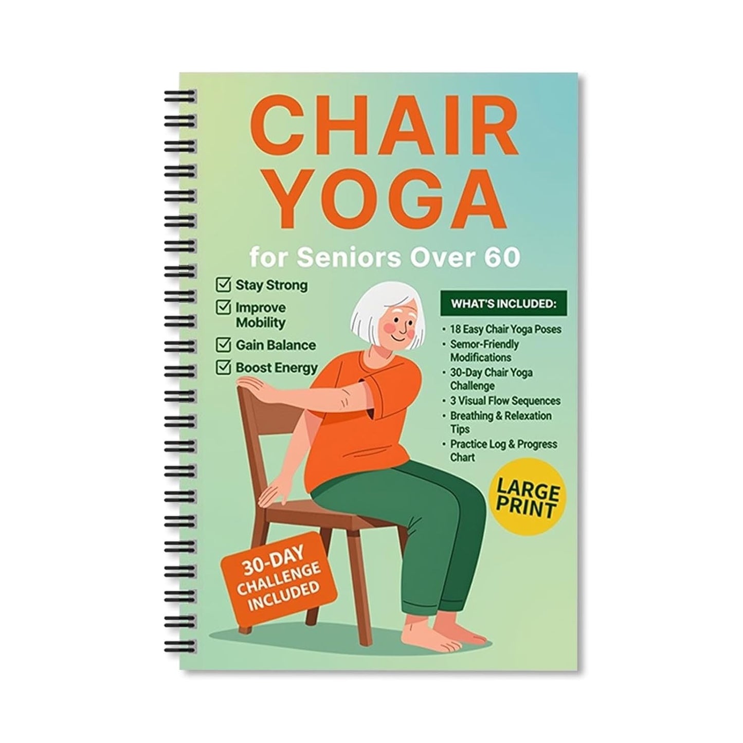 Bllavie Chair Yoga for Seniors Over 60 Book Chart,30day Beginner,Challenge to Restore Strength,Mobility,Balance and Loss Weight,Complete Guide to Look Senior Chair Exercises for Women & Men(Gradient Green)