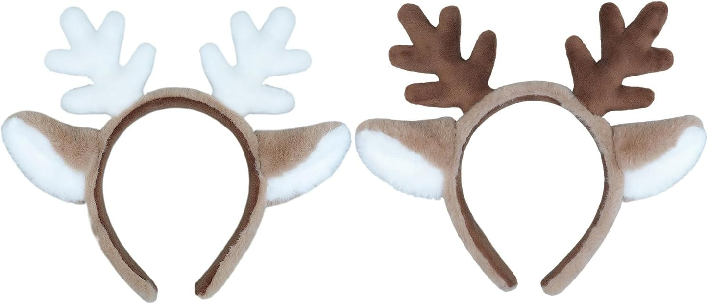 IPENNY 2 Pcs Womens Plush Animal Ears & Horns Headband Halloween Costume Hairbands Cartoon Headbands for Cosplay Makeup, Yoga
