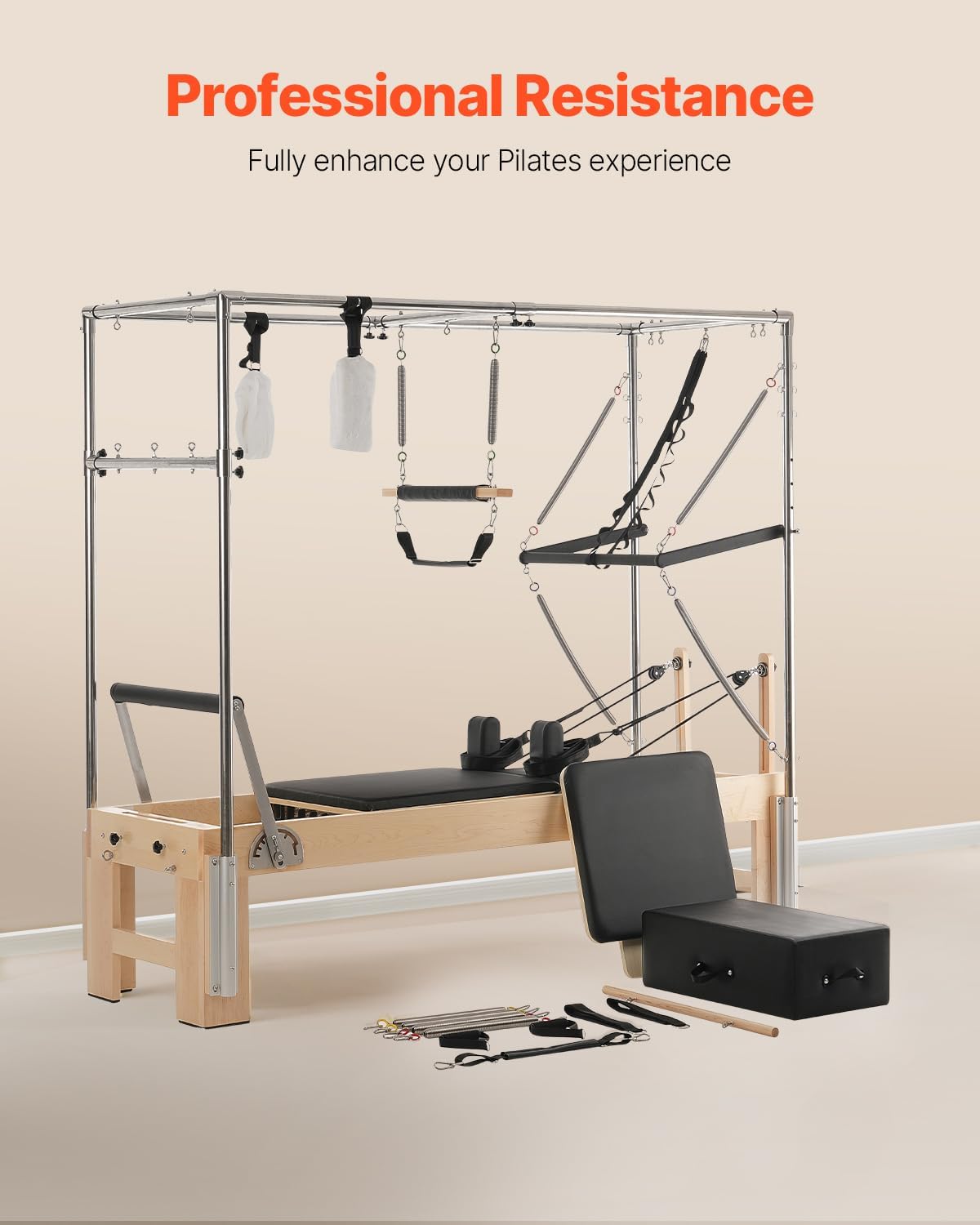 VEVOR Pilates Reformer, Reformer Pilates Machine with Cadillac Trapeze Table or Tower & Mat, Pilates Equipment for Home Workout and Studio, Includes Jump Board，Sitting Box