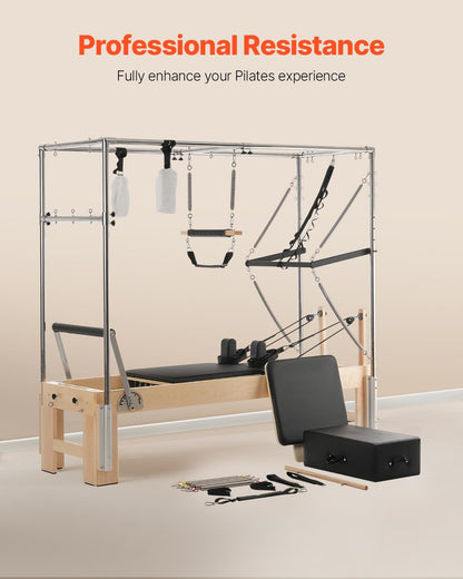 VEVOR Pilates Reformer, Reformer Pilates Machine with Cadillac Trapeze Table or Tower & Mat, Pilates Equipment for Home Workout and Studio, Includes Jump Board，Sitting Box