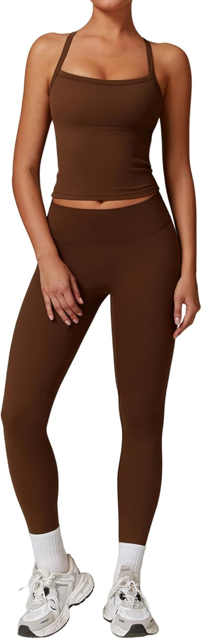 Women 2 Piece Workout Sets Padded Criss Cross Back Crop Tank High Waist Tummy Control Active Leggings Sets Yoga Outfit