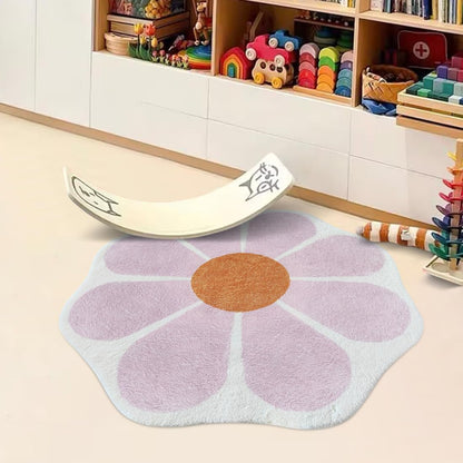 White Flower Shaped Rug, Cute Round Indoor Rug, 39.4" Diameter, High Pile Faux Wool, Non-Slip Backing