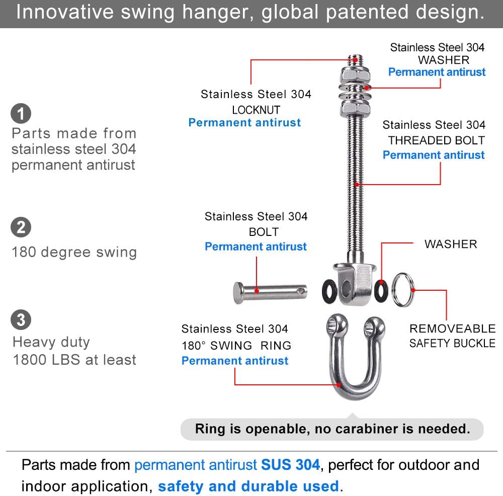 SELEWARE Heavy Duty 180° Swing Hangers, Stainless Steel Eye Screw Bracket, 1800 LB Capacity Playground Yoga Hammock Rope Tire Web Chair Sandbag Punching Bag Porch Swing Sets (6 Pack)