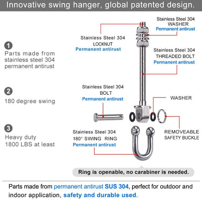 SELEWARE Heavy Duty 180° Swing Hangers, Stainless Steel Eye Screw Bracket, 1800 LB Capacity Playground Yoga Hammock Rope Tire Web Chair Sandbag Punching Bag Porch Swing Sets (6 Pack)