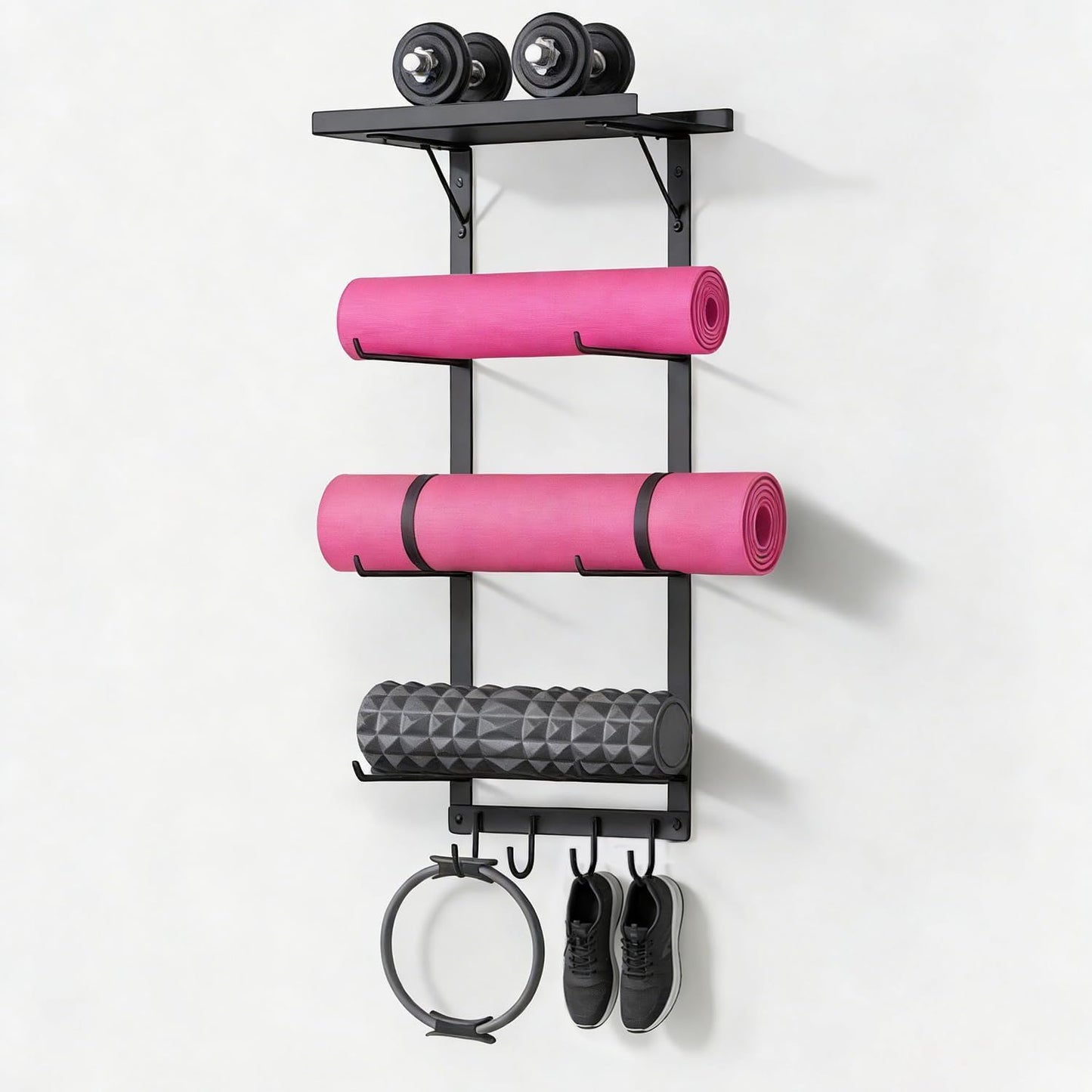 Black Wall Mount Yoga Mat Holder with Floating Shelf & 5 Hooks, Home Gym Storage Rack for Yoga Mats, Foam Rollers and Resistance Bands, Metal