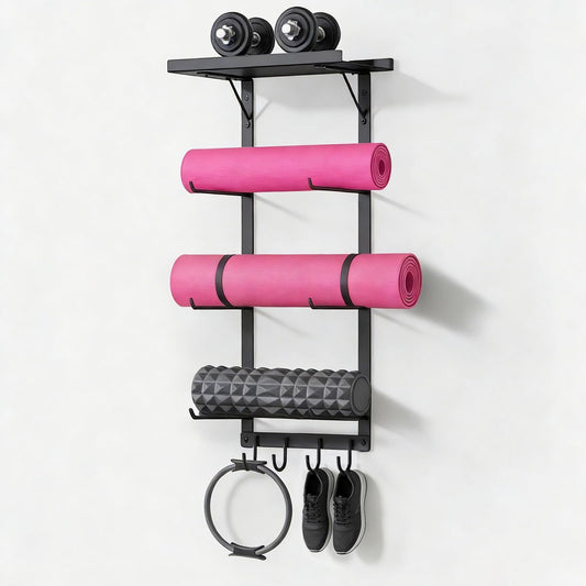 Black Wall Mount Yoga Mat Holder with Floating Shelf & 5 Hooks, Home Gym Storage Rack for Yoga Mats, Foam Rollers and Resistance Bands, Metal