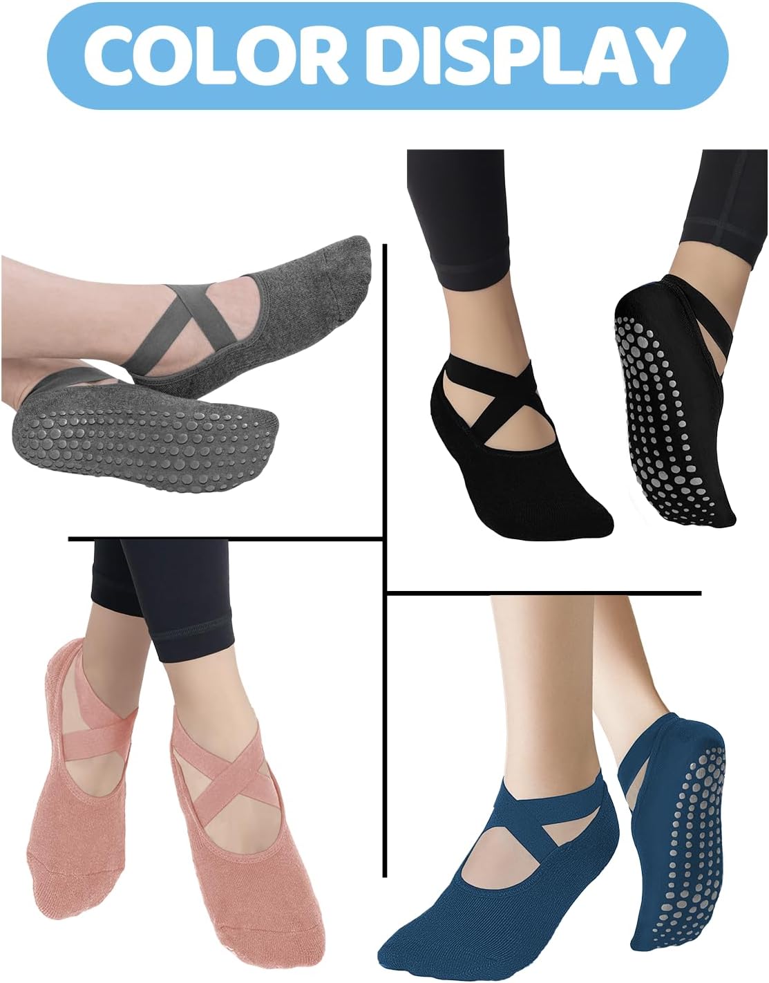AURUZA Pilates Grip Socks for Women Non Slip Skid Yoga Socks with Grips Straps for Ballet Dance Workout Gripper Sock
