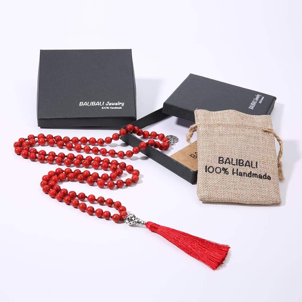 108 Mala Beads Necklace Semi-Precious Gem Stones Meditation Necklace 108 Hand Knotted Japa Mala Beaded Tassel Necklace with Tree of Life Pendant