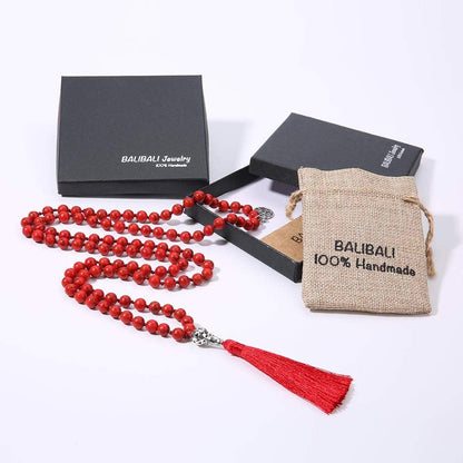 108 Mala Beads Necklace Semi-Precious Gem Stones Meditation Necklace 108 Hand Knotted Japa Mala Beaded Tassel Necklace with Tree of Life Pendant