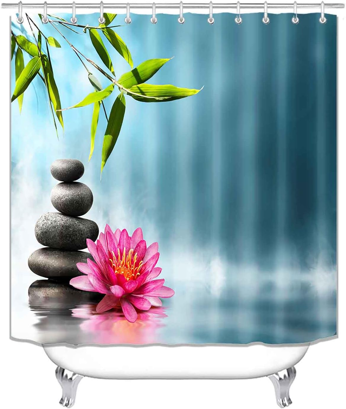 4PCS Spa Zen Shower Curtain Sets with Rugs, White Shower Curtain, Pink Floral Orchid Lotus Water Lily Stone Bamboo Water Reflection Yoga Massage Relaxing Spiritual Meditation Bathroom Decor