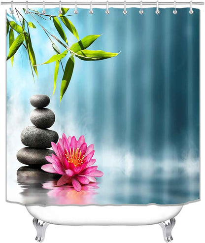 4PCS Spa Zen Shower Curtain Sets with Rugs, White Shower Curtain, Pink Floral Orchid Lotus Water Lily Stone Bamboo Water Reflection Yoga Massage Relaxing Spiritual Meditation Bathroom Decor