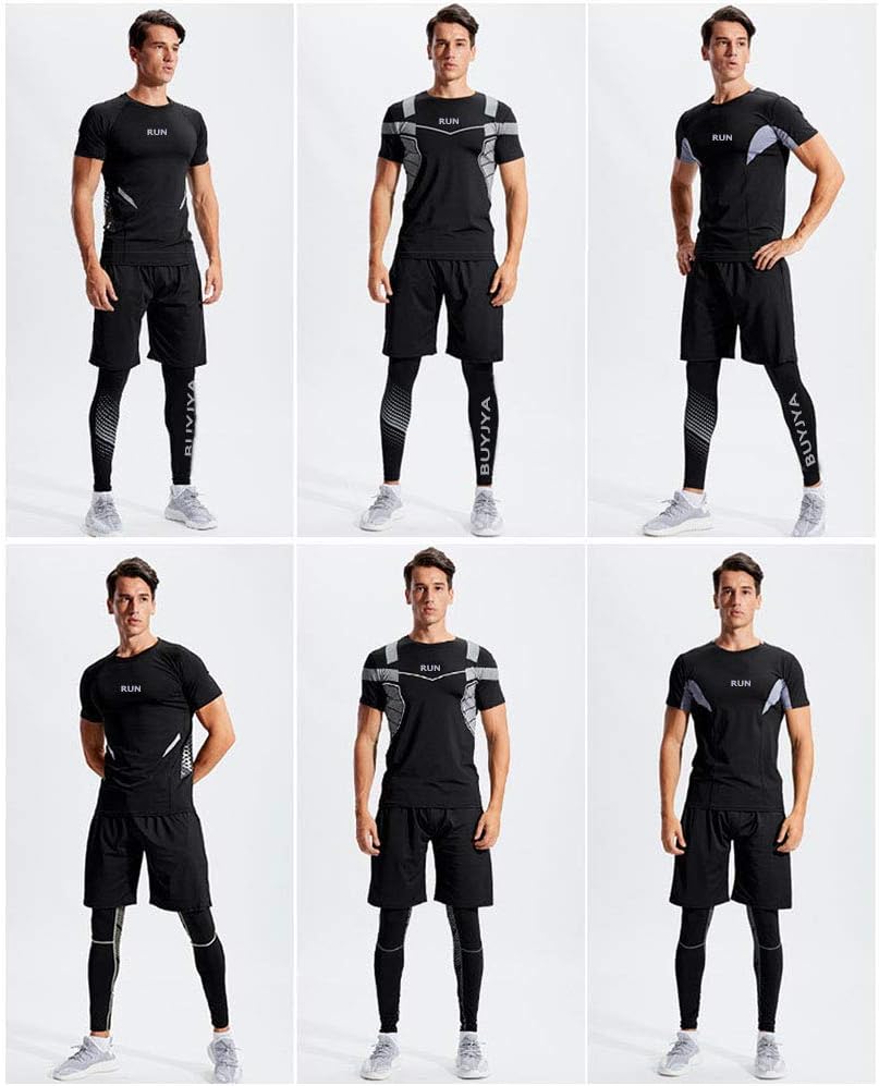 BUYJYA 5Pcs Men's Compression Pants Shirt Top Long Sleeve Jacket Athletic Sets Gym Clothing Mens Workout