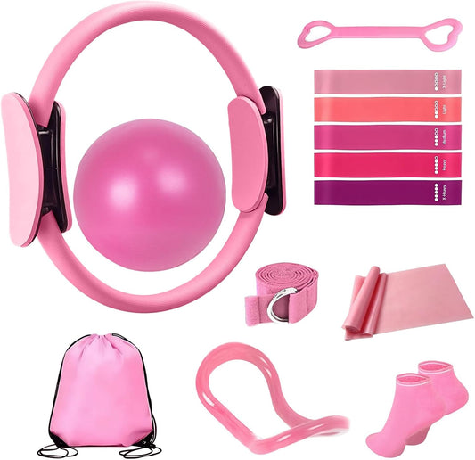 Pilates Equipment Kit for Women - Home Workout Set with Pilates Ring,9.8" Yoga Ball, 5 Resistance Bands, Magic Circle, for Legs, Arms, Thighs, Yoga Set for Beginners