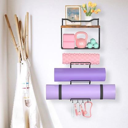 Yoga Mat Holder Black, Wall Mount Yoga Mat Storage Rack, Yoga Accessory Organizer With Wood Floating Shelves, 4 Hooks Hanging Yoga Strap & Resistance Bands, Home Gym Equipment Storage Decor