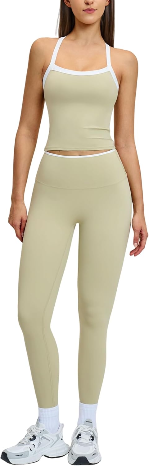 Women 2 Piece Workout Sets Padded Criss Cross Back Crop Tank High Waist Tummy Control Active Leggings Sets Yoga Outfit