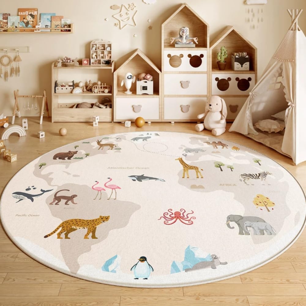 Poowe Cute Animals Kids Room Rug,39.4" Round Washable Area Rugs Rabbit Rug Nursery Rug for Baby Boys Girls Play Mat Floor Carpet Non Slip Soft Rugs for Living Room Bedroom Playroom Classroom