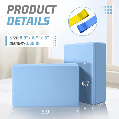 Yoga Blocks 2 Pack 3x6x9IN Foam Block Supportive Latex-Free with Stretch Band, Non-Slip Exercise Blocks for Pilates, Meditation, Balance, Stretching and Deep Poses