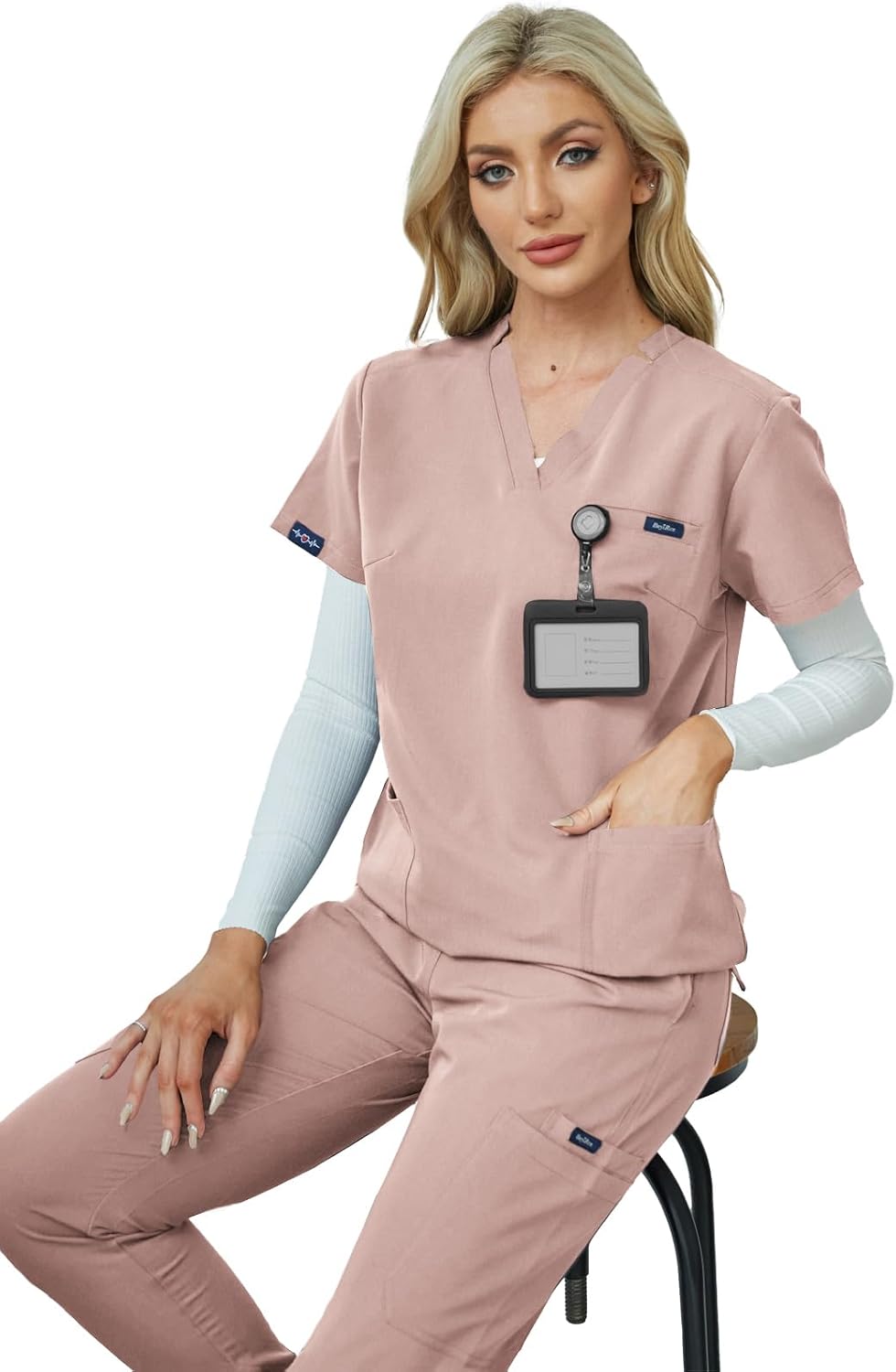 Women's V-Neck Scrubs Set With Cap, Stretchy Top and Jogger Pants, 11 Pockets Nursing Uniform