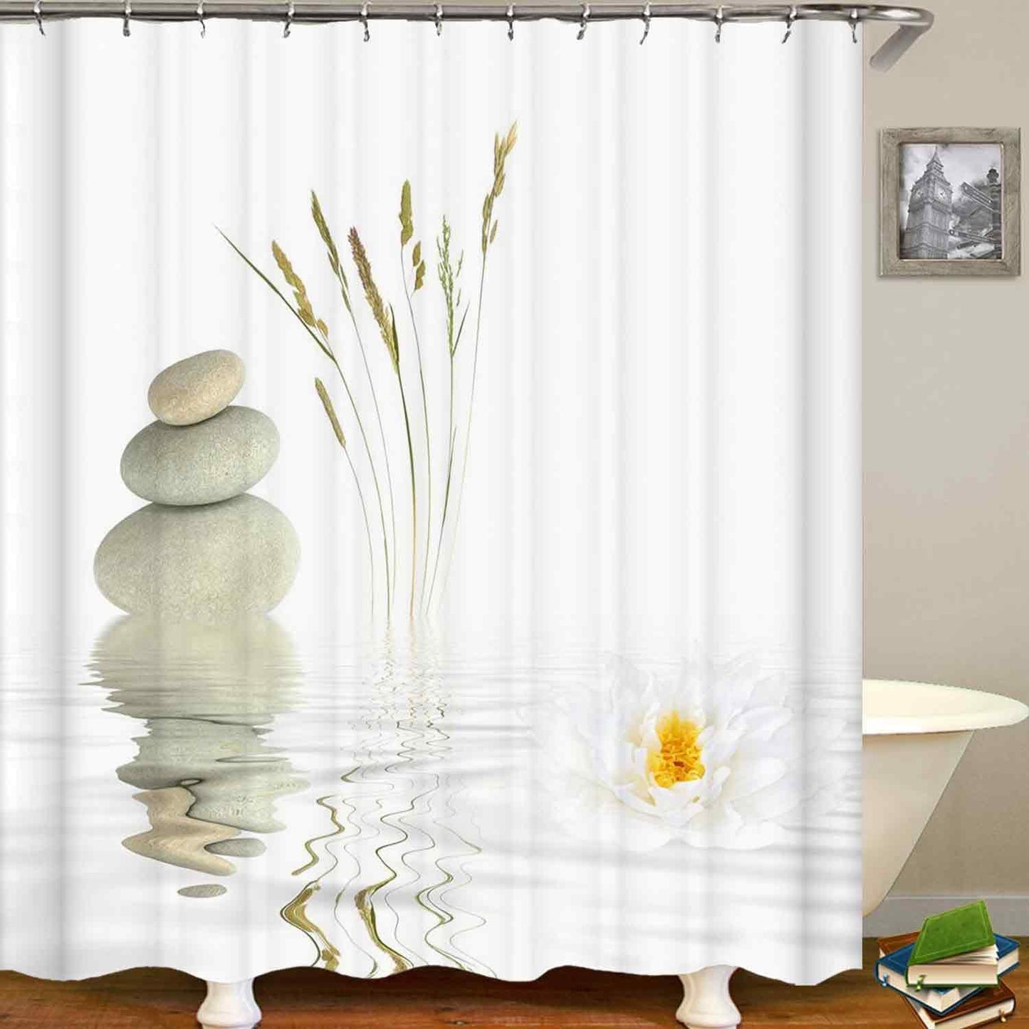 4PCS Spa Zen Shower Curtain Sets with Rugs, White Shower Curtain, Pink Floral Orchid Lotus Water Lily Stone Bamboo Water Reflection Yoga Massage Relaxing Spiritual Meditation Bathroom Decor