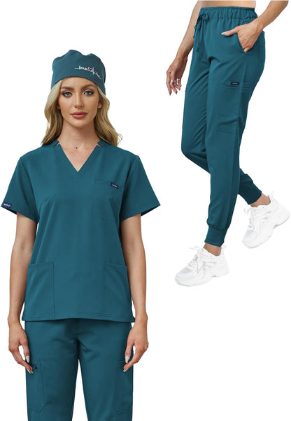Women's V-Neck Scrubs Set With Cap, Stretchy Top and Jogger Pants, 11 Pockets Nursing Uniform