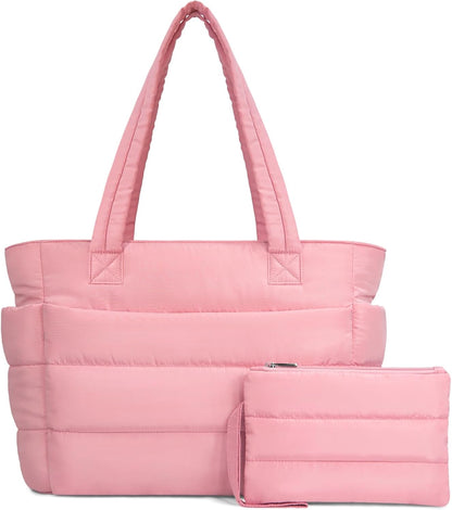 TOPDesign Puffer Tote Bag for Women, Lightweight Puffy Handbag with Compartments, Quilted Shoulder Bag for Work, Travel, Gym - Colors A