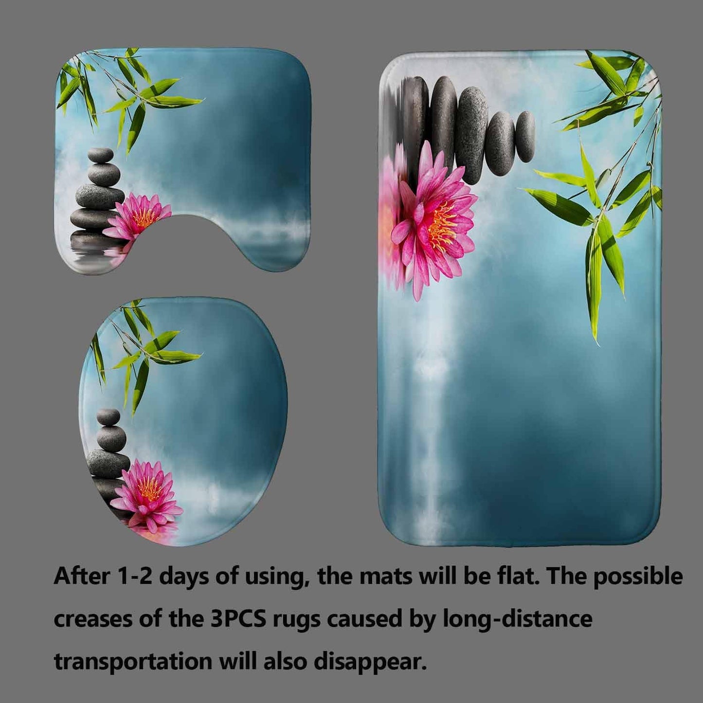 4PCS Spa Zen Shower Curtain Sets with Rugs, White Shower Curtain, Pink Floral Orchid Lotus Water Lily Stone Bamboo Water Reflection Yoga Massage Relaxing Spiritual Meditation Bathroom Decor