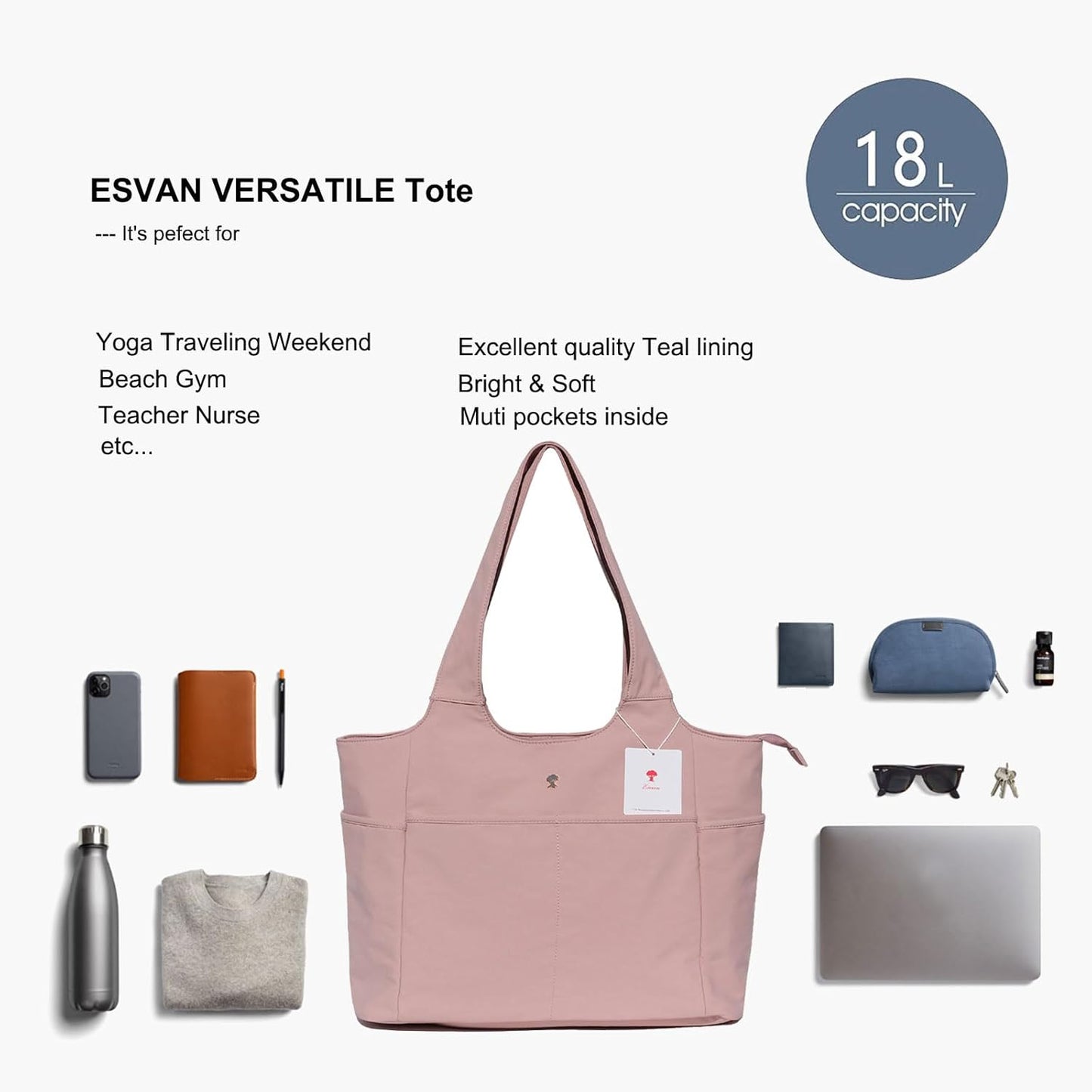 ESVAN Yoga Tote Bag Mat bag Women Shoulder Bags Carryall Tote for Travel Office Workout Gym Nurse Beach