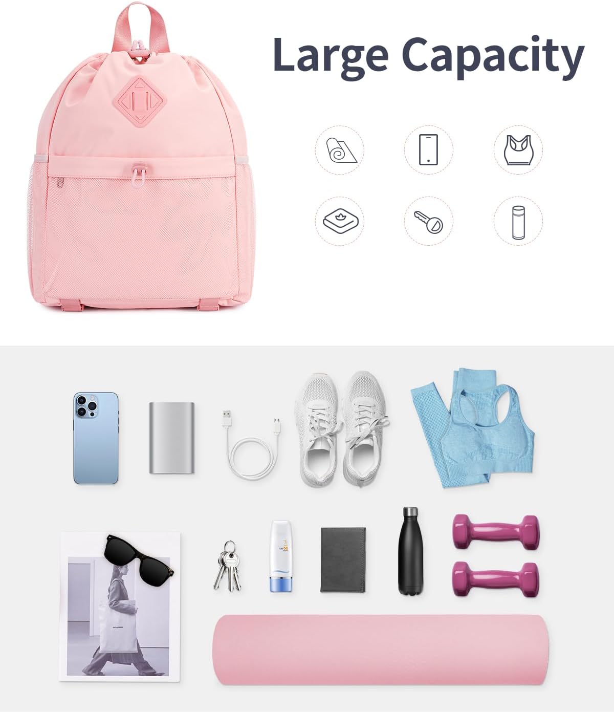 WANDF Drawstring Backpack for Women, Lightweight Gym Bag with Yoga Mat Strap, Water-Resistant String Backpack with Mesh Pocket (Grey, Patent Pending)