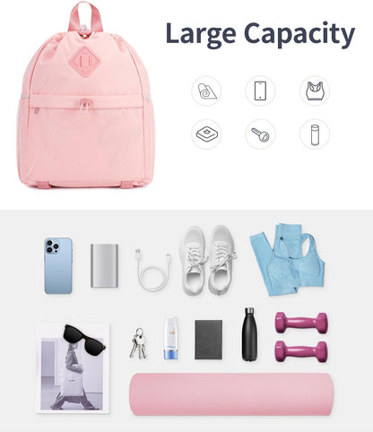 WANDF Drawstring Backpack for Women, Lightweight Gym Bag with Yoga Mat Strap, Water-Resistant String Backpack with Mesh Pocket (Grey, Patent Pending)