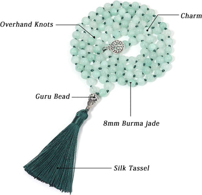 108 Mala Beads Necklace Semi-Precious Gem Stones Meditation Necklace 108 Hand Knotted Japa Mala Beaded Tassel Necklace with Tree of Life Pendant