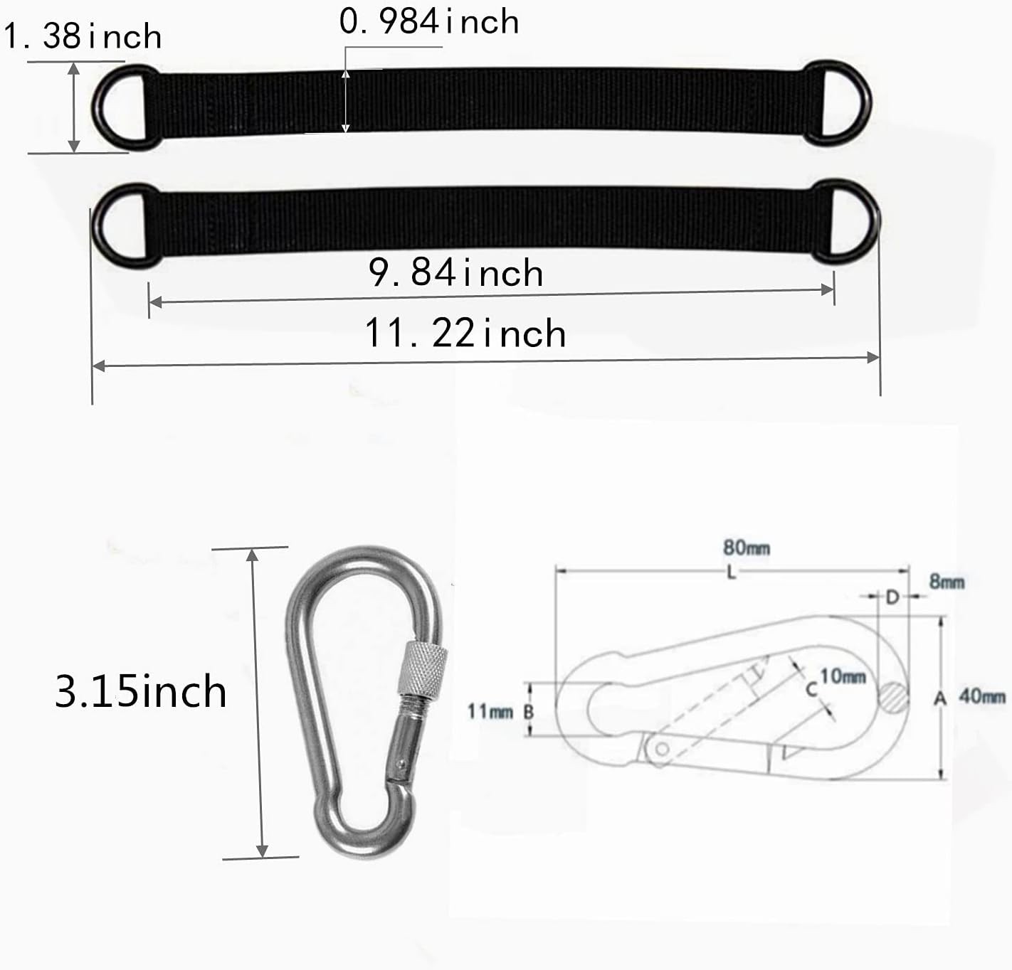 Short Straps Tree Swing Strap Hanging Kit,Hammock Straps 2 Pcs 9.84inches with 2 Pcs Heavy Duty Hook Clasps for Swing Hammocks Yoga Seat Sandbags Gym Equipment Pulley System