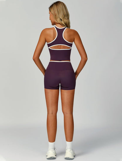 Women 2 Piece Workout Sets Racerback Color Block Tank Top High Waist Tummy Control Shorts Yoga Outfits